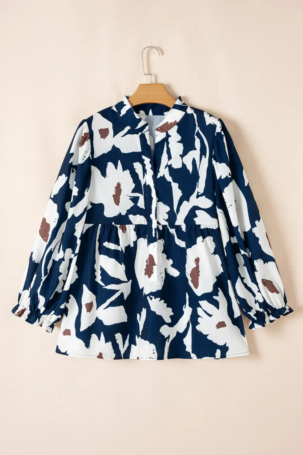 Abstract Floral Print Puff Sleeve Half Button Blouse