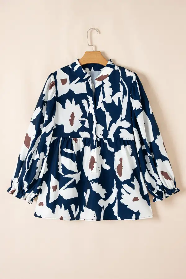 Abstract Floral Print Puff Sleeve Half Button Blouse