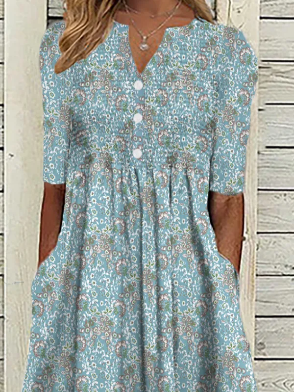 Women's Casual Floral Dress Short Sleeve Blue Dress Pocket V Neck Midi Dress