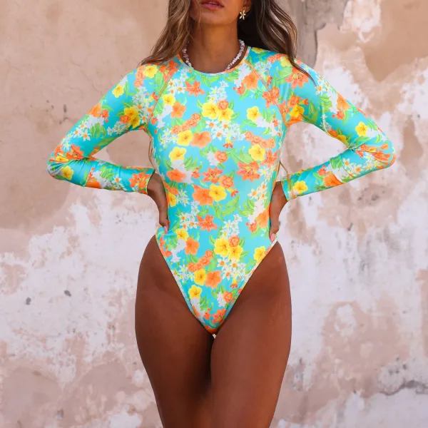 Long Sleeve Floral One Piece Swimsuit