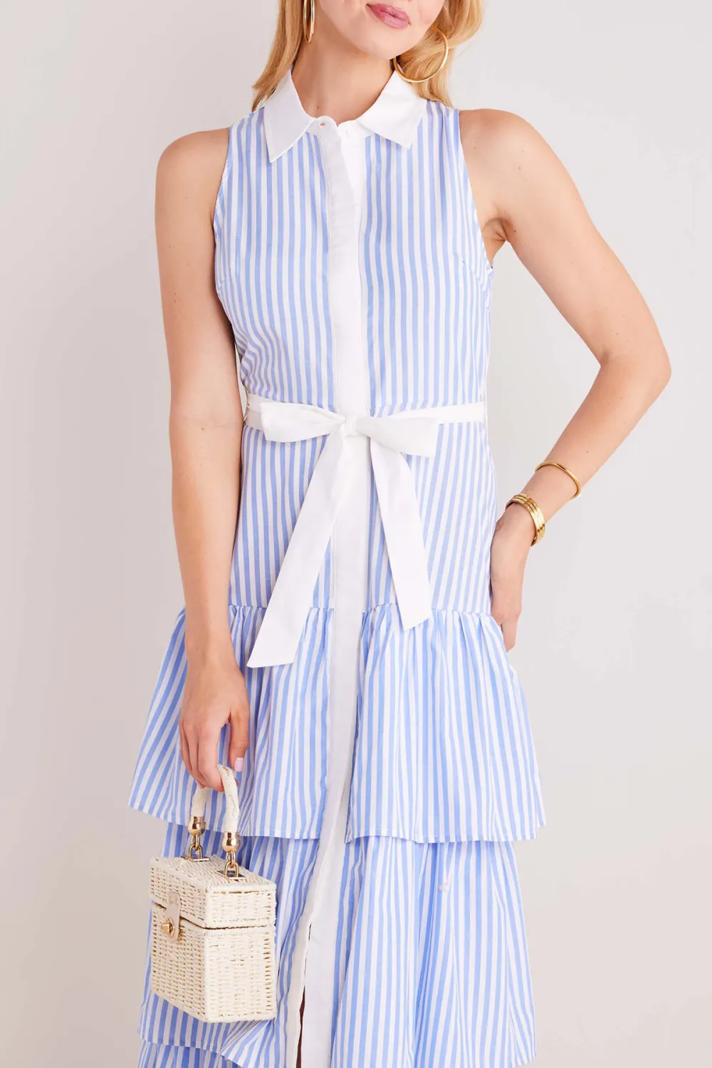 Blue & White Striped Tie-Waist Tiered Dress