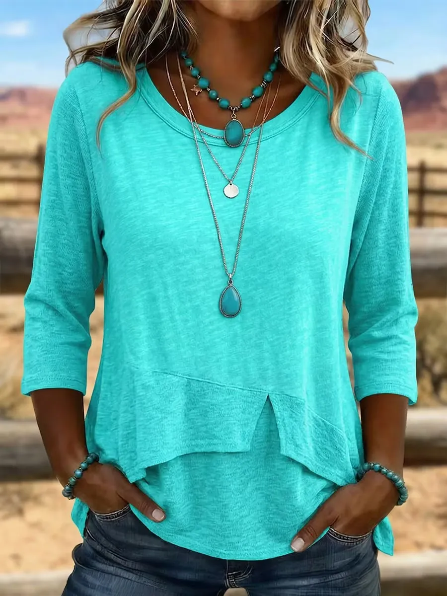 Women'S Retro Art Knitted Splicing Asymmetric Shirt
