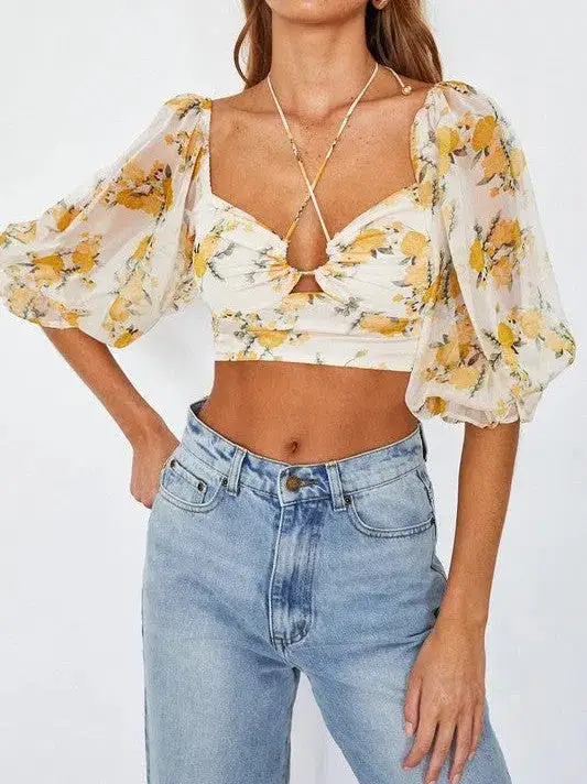 Fearless and Fabulous Chiffon Balloon Sleeved Bustier Crop Top