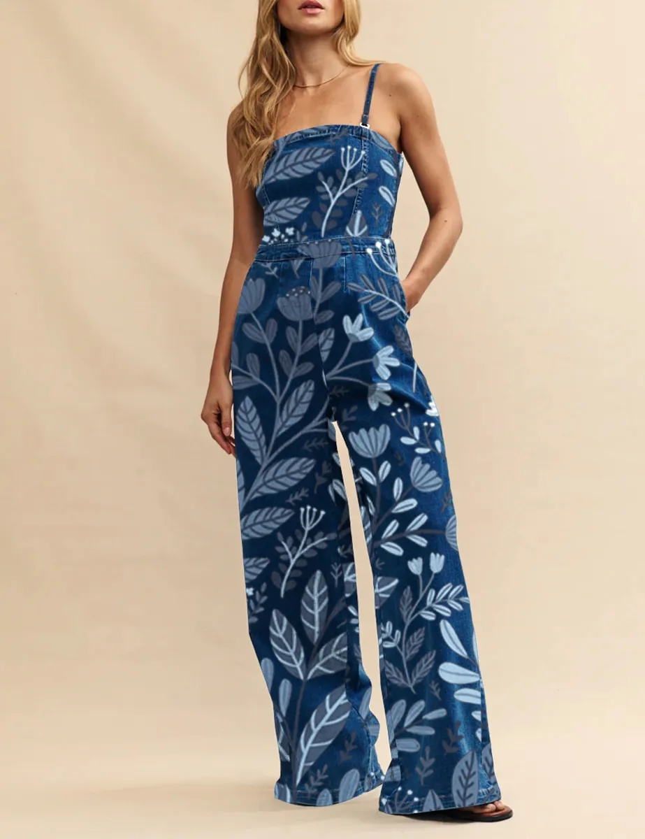 Dark Blue Denim Wide Leg Jumpsuit