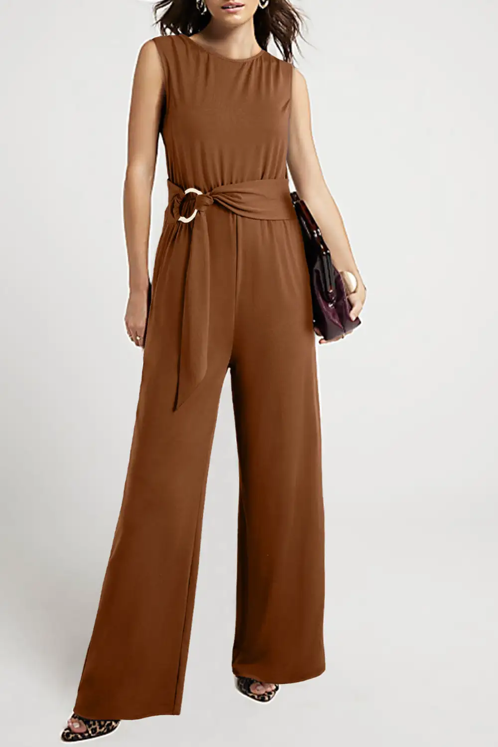 Buckle Sash Detail Sleeveless Loose Jumpsuit