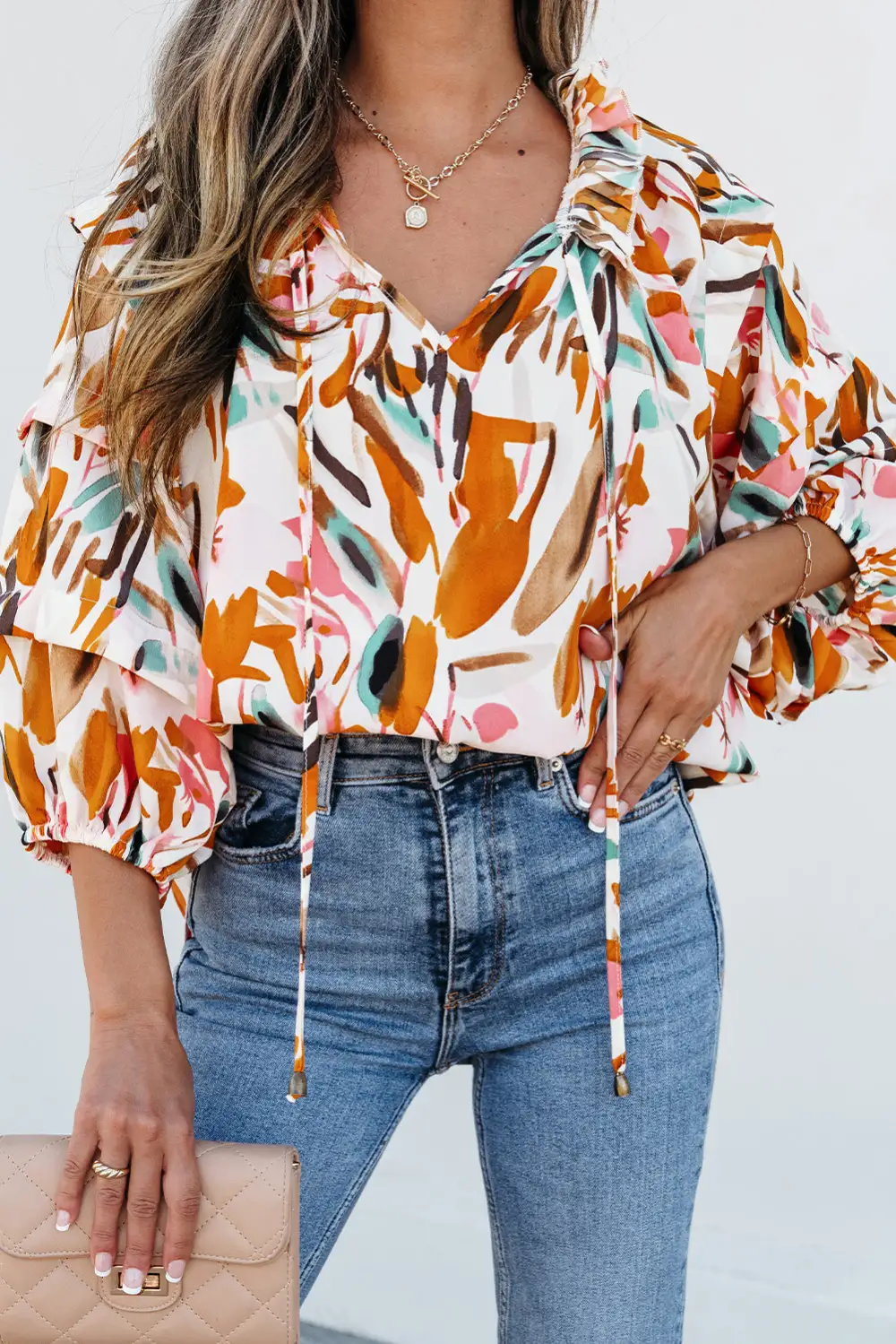 Abstract Print Frilled V-Neck Blouse