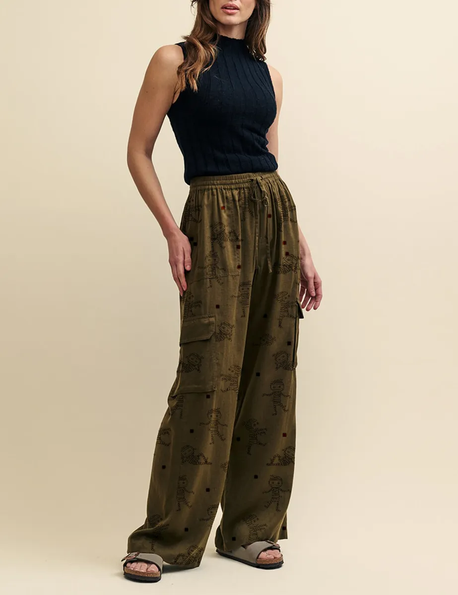 Khaki Green Linen-blend Wide Leg Utility Trousers