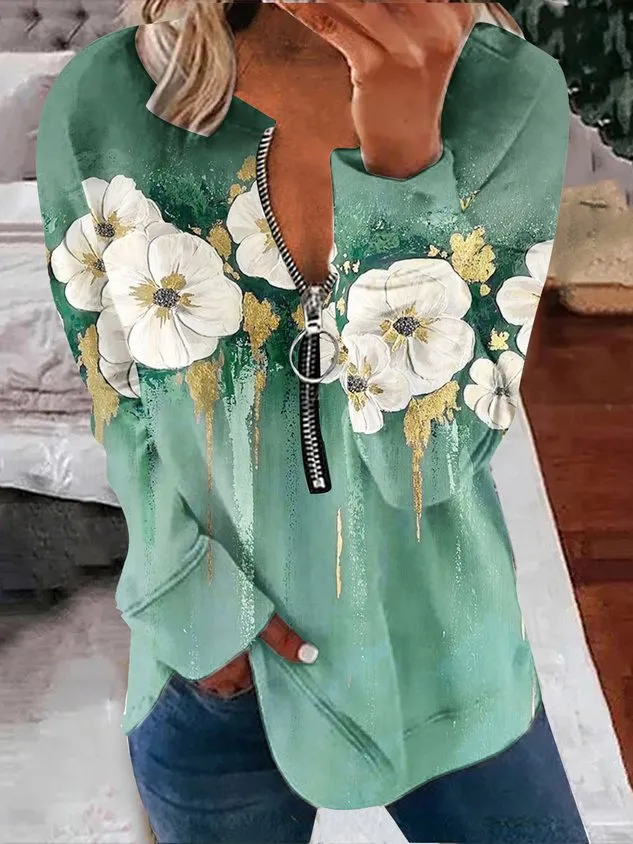 Casual V Neck Floral Sweatshirt