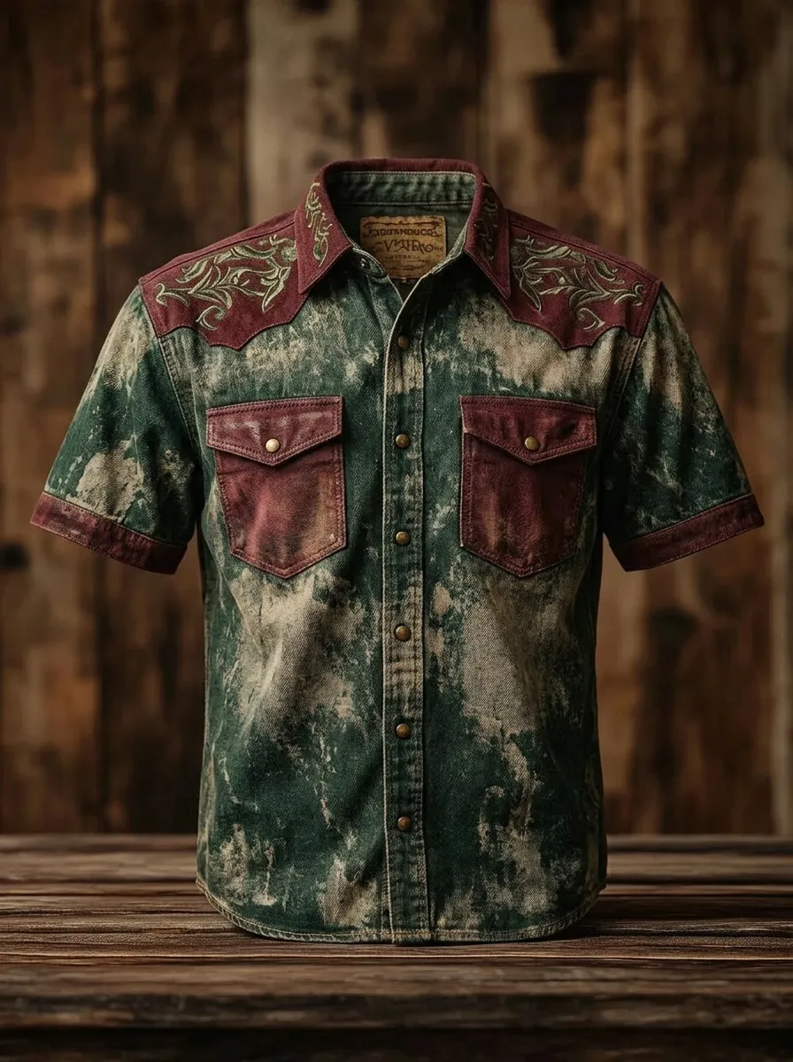 Men's Western Cowboy Floral Embroidered Acid Wash Printed Shirt