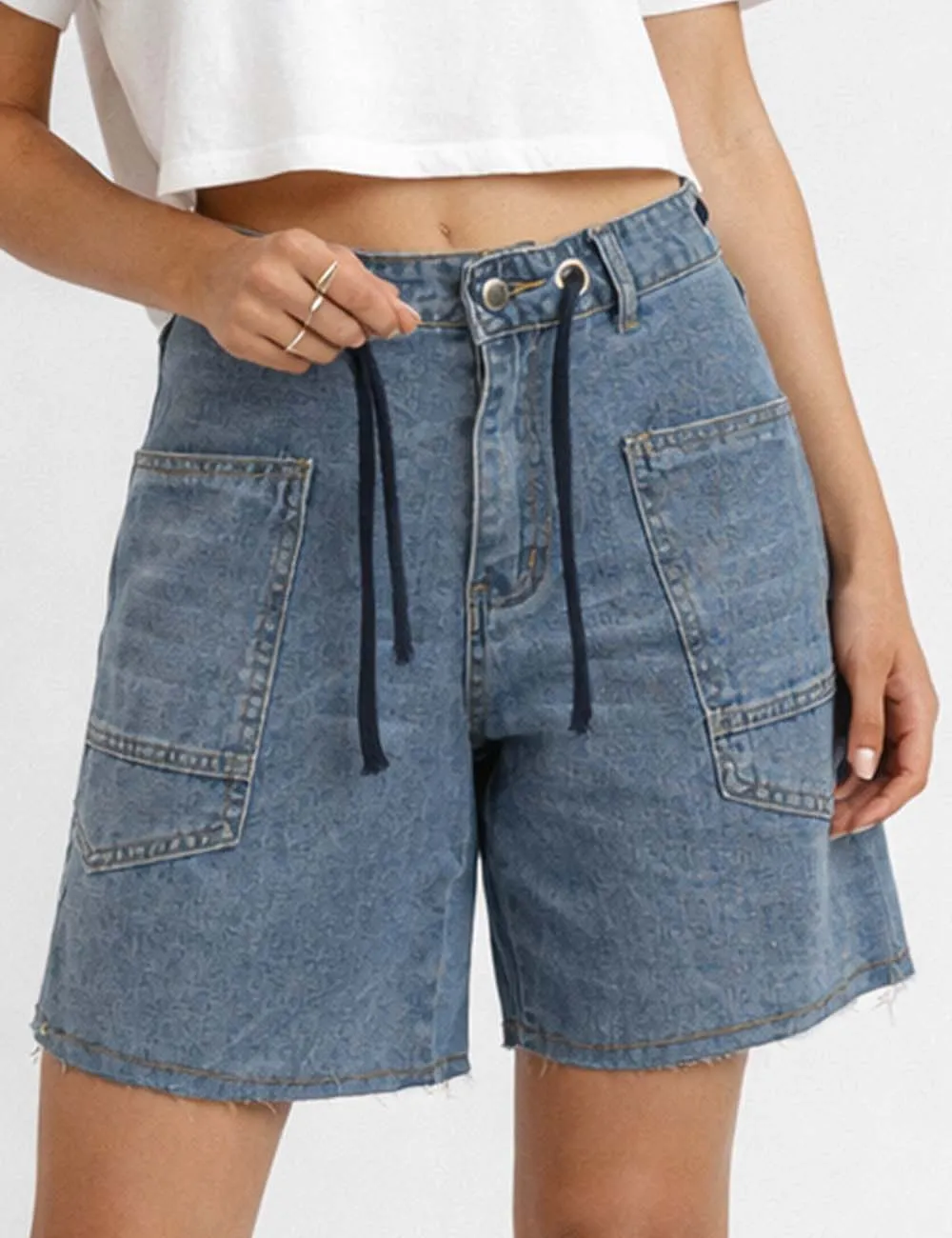 Drawstring Waist Pocket Denim Shorts