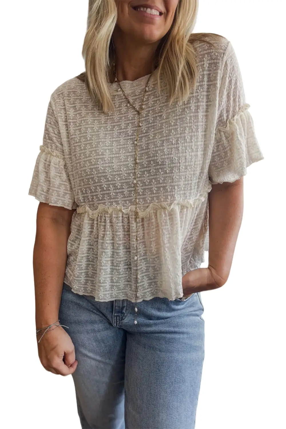 Ruffled Textured Short Sleeve Blouse