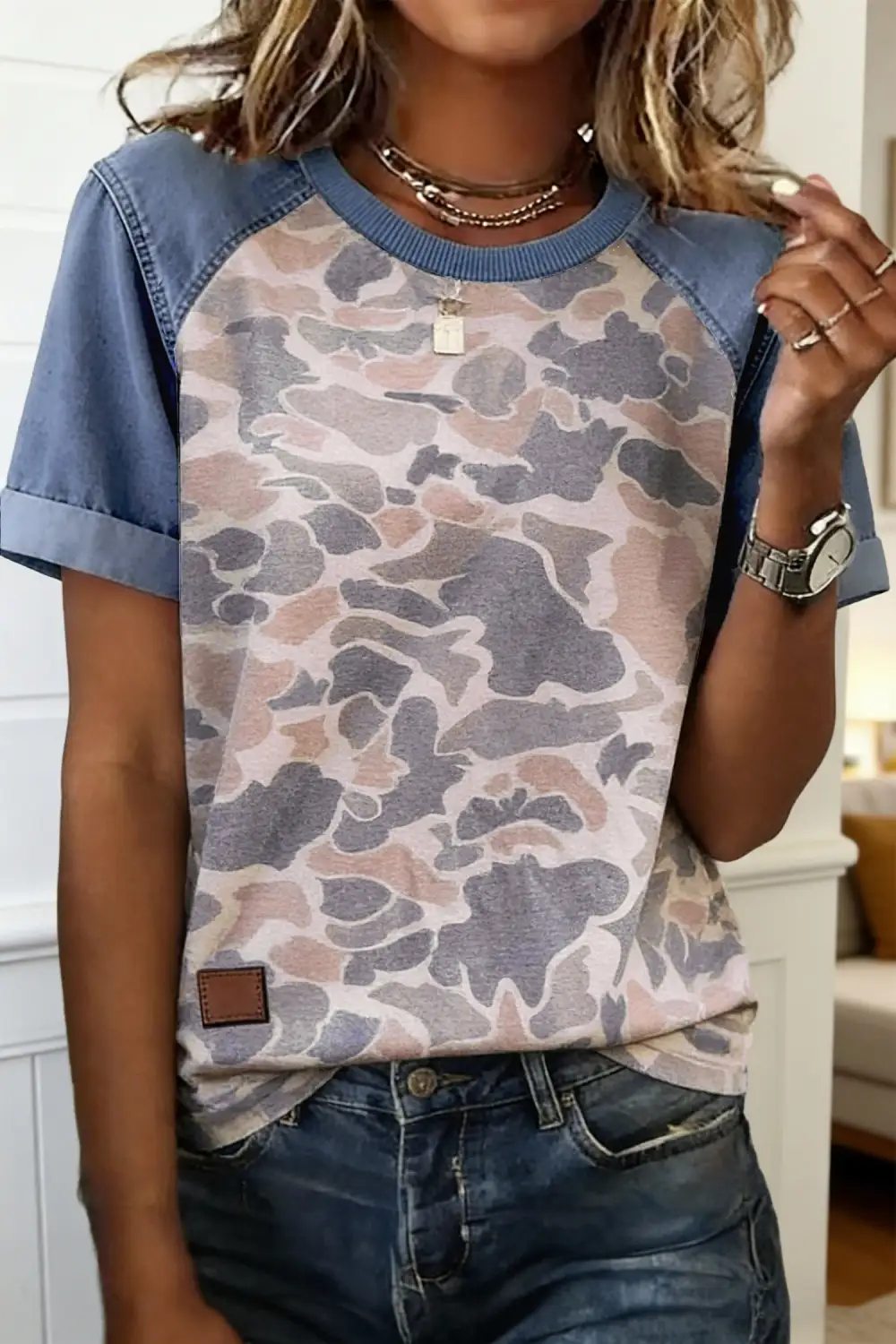 Camouflage Print Denim Contrast Blocked Sleeve Tee