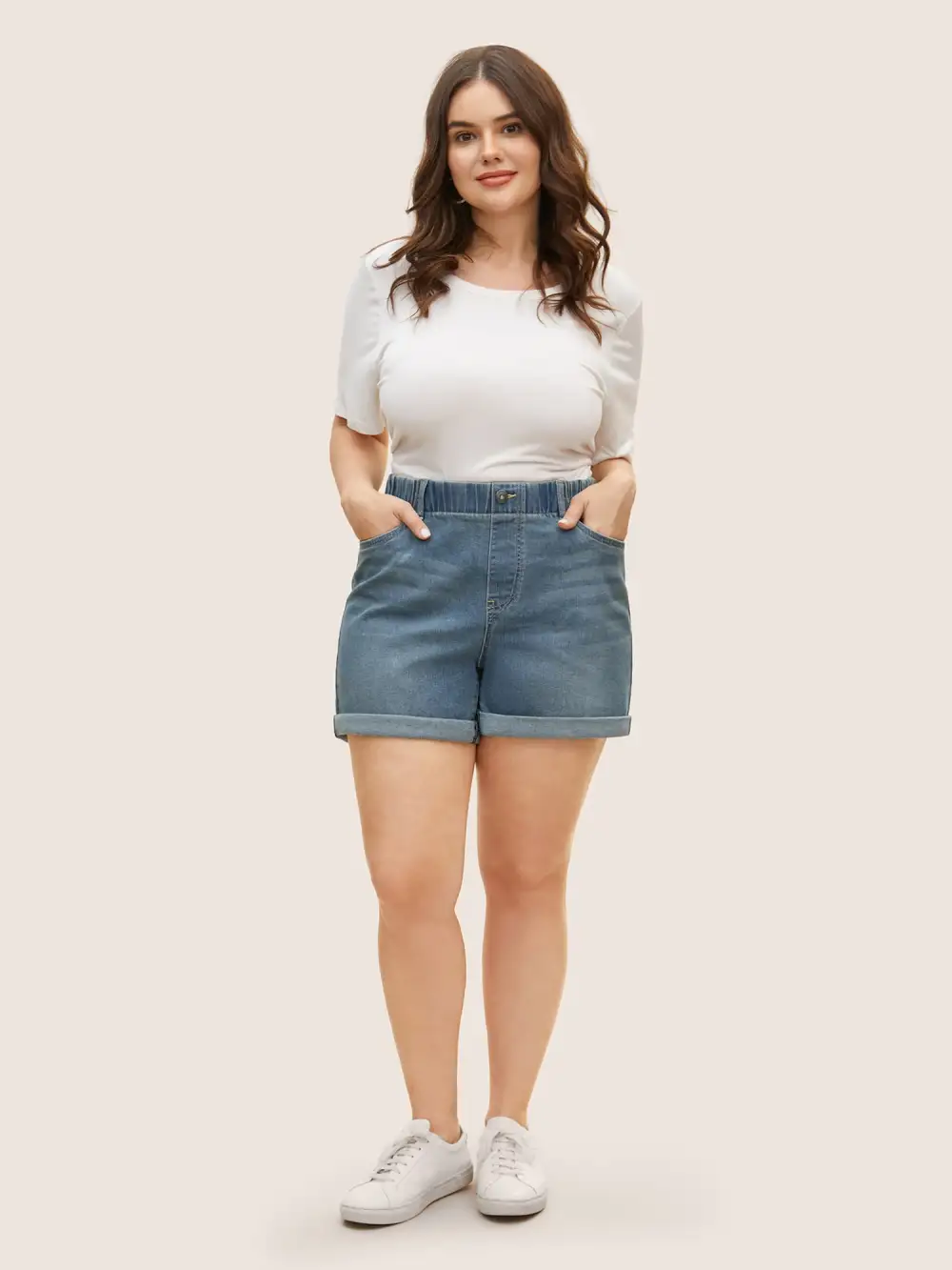 Light Wash Button Up Roll Hem Denim Shorts