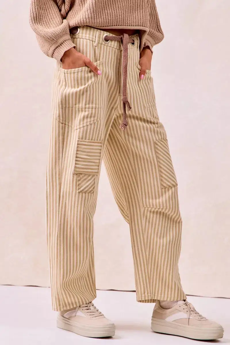 Easygoing Drawstring Striped Twill Barrel Pants