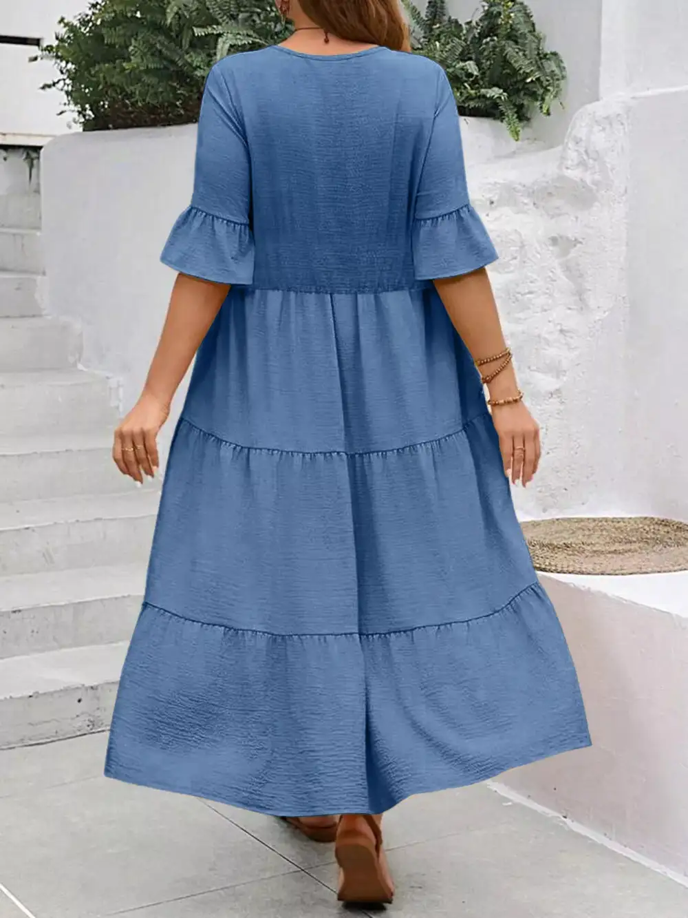 Plus Size Ruffle Sleeves Tiered Midi Dress