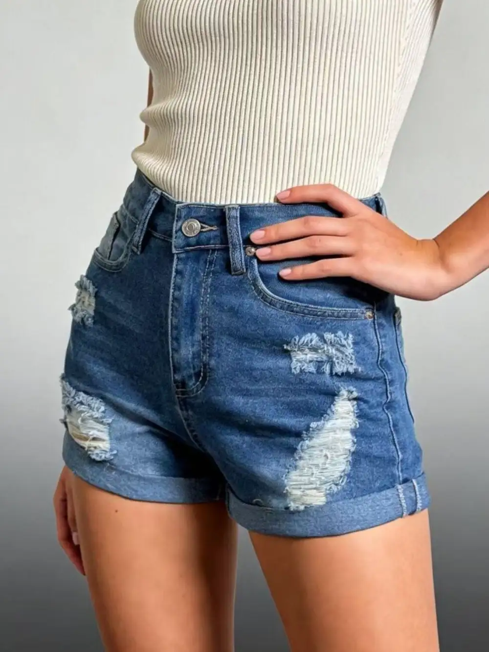 Distressed High-Waisted Denim Shorts