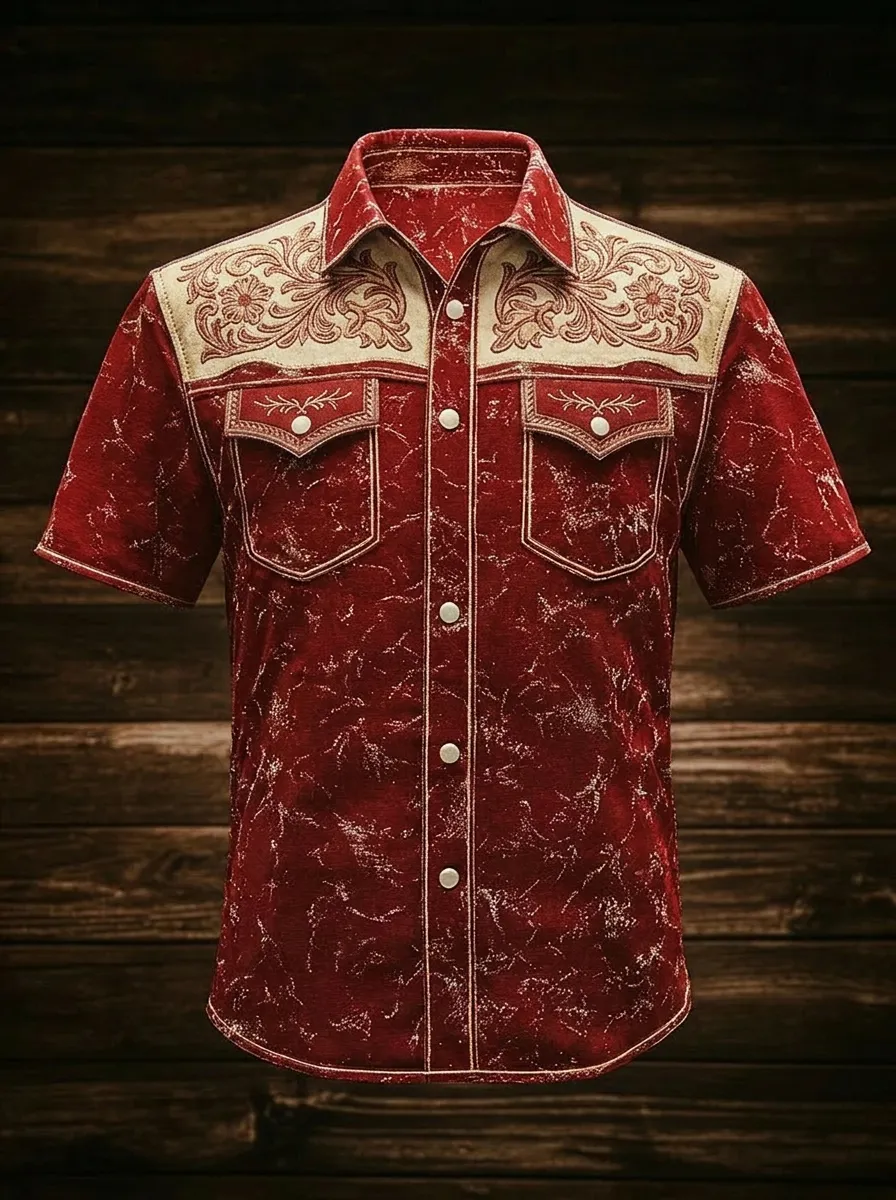 Men's Western Style Floral Yoke Distressed Red Printed Shirt