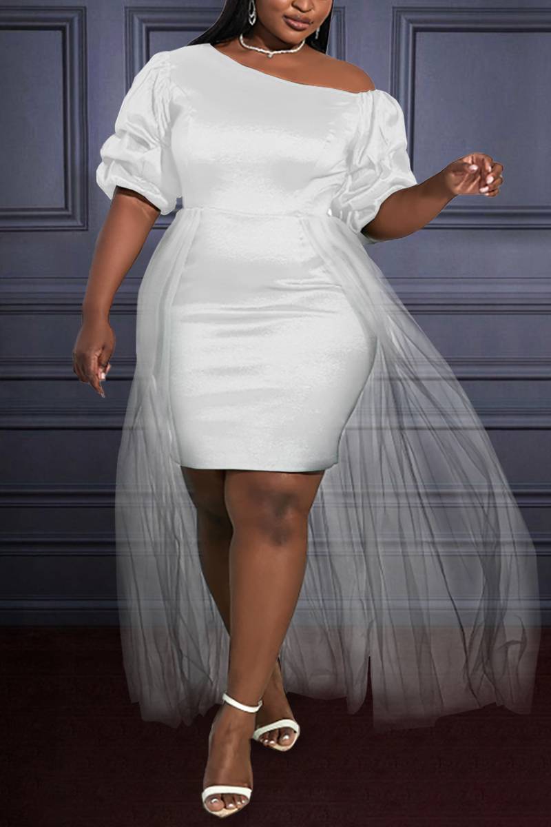 Plus Size White Formal Mesh Puff Sleeve Slim Fit Overlay Mini Dresses