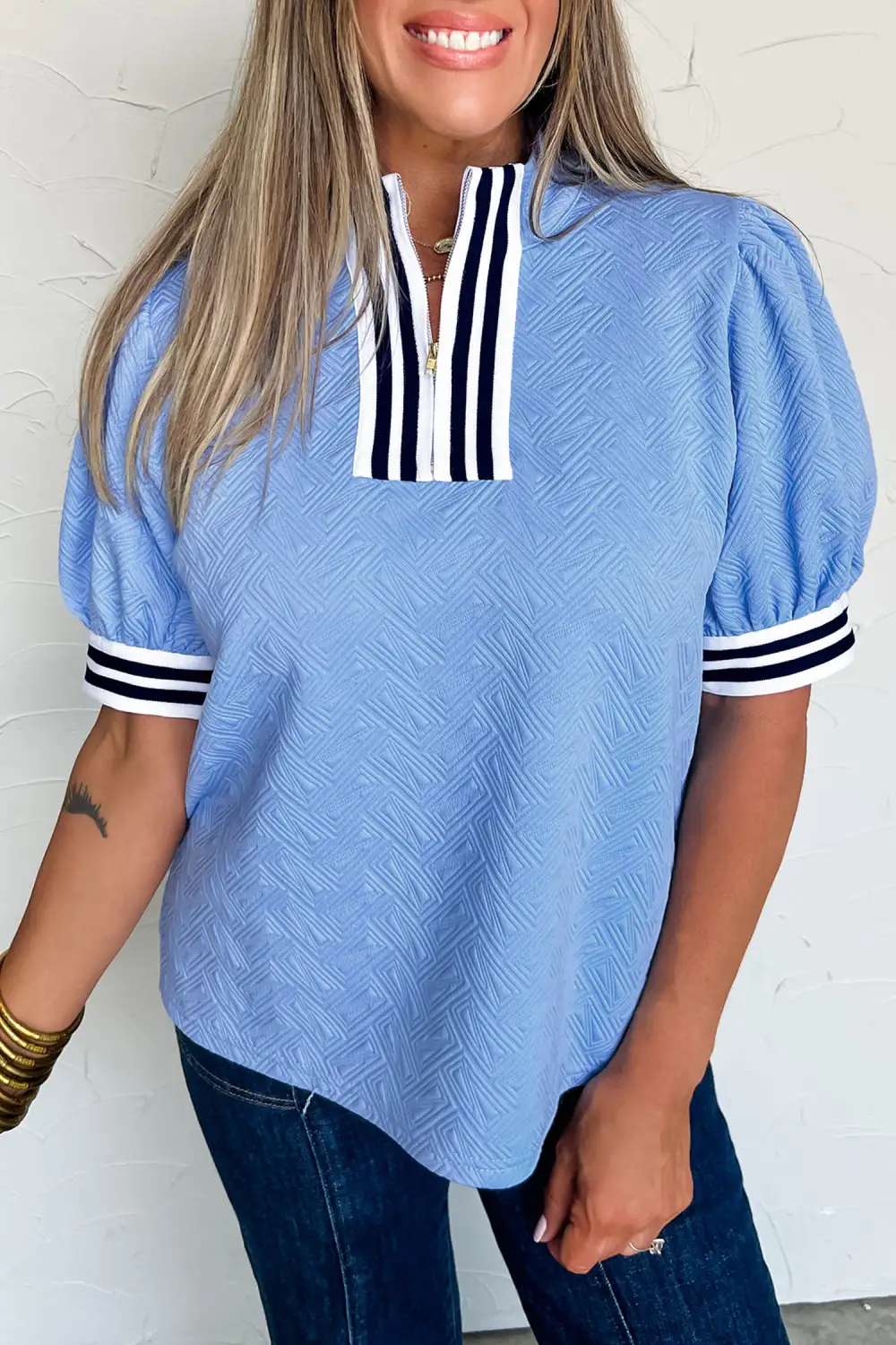 Textured Stripe Trim Split Neck Puff Sleeve Top