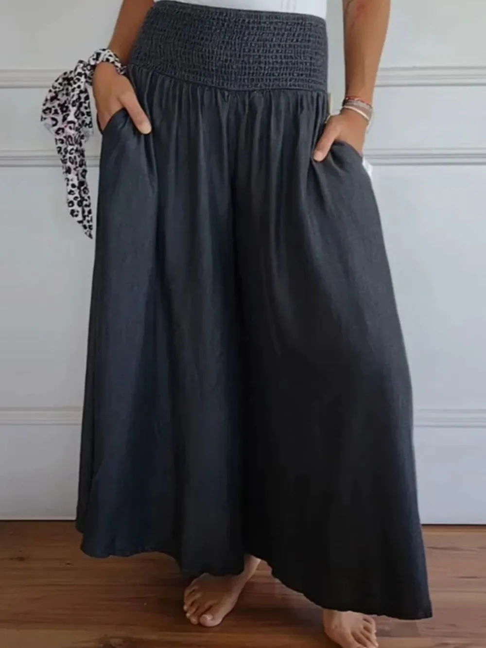 Full Size Smocked Wide Leg Pants With Pockets