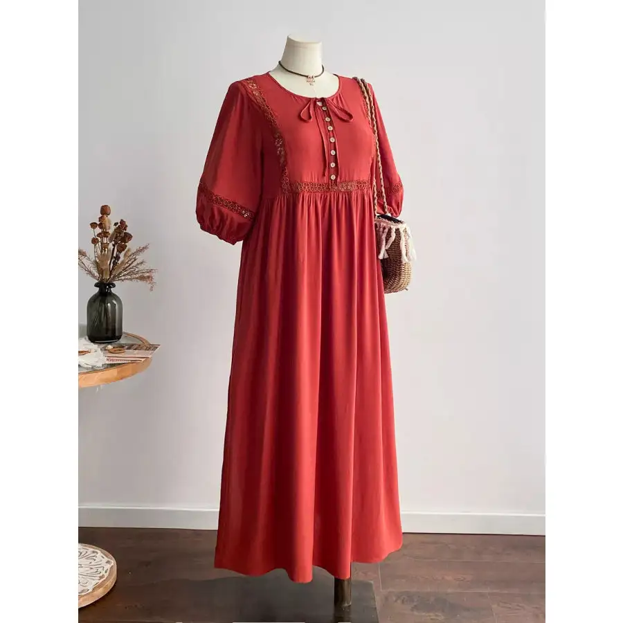 Plus Size Tie Neck Puff Sleeve Midi Dress with Lace Trim