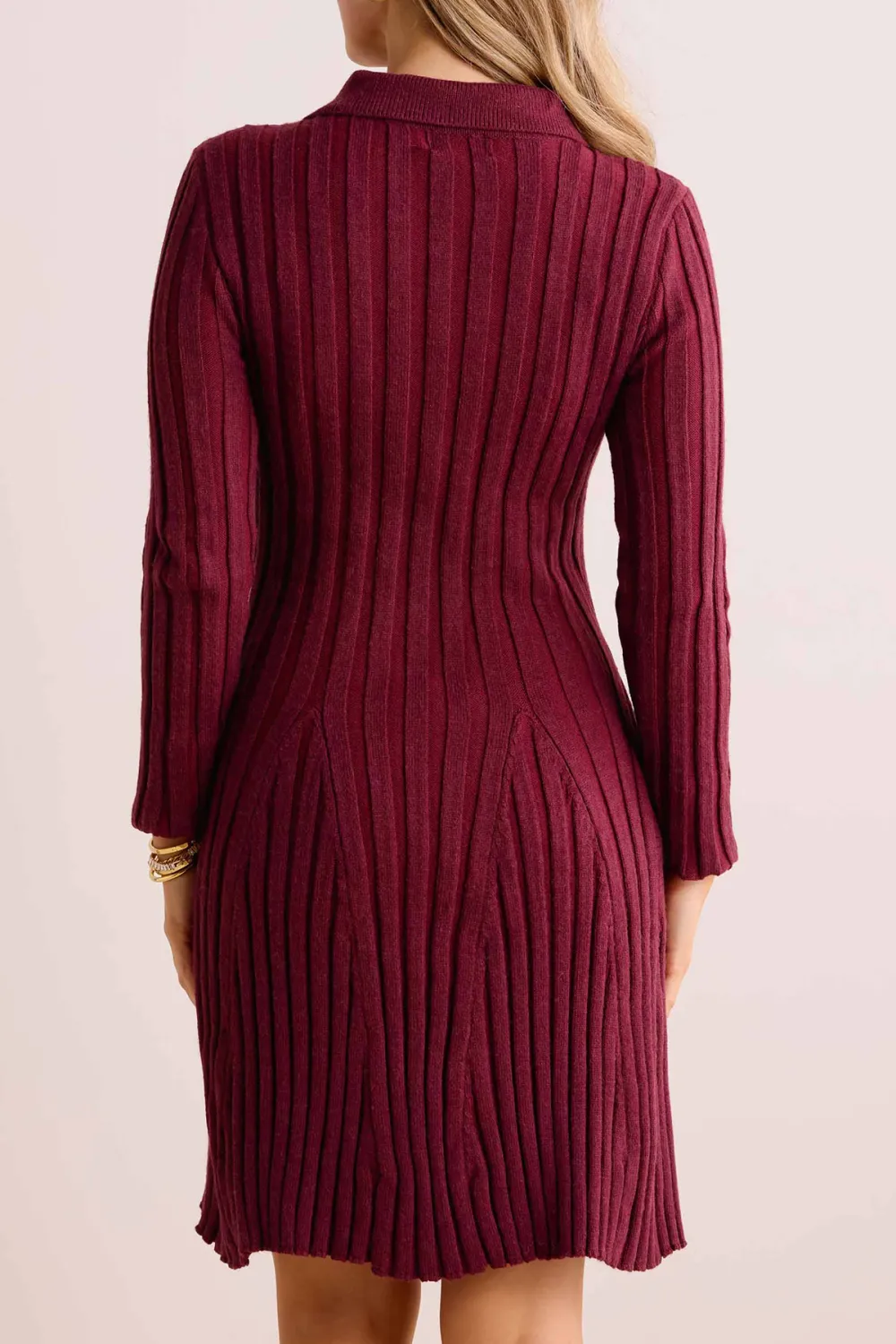 Wine Red Knit Collared Long Sleeve Dress