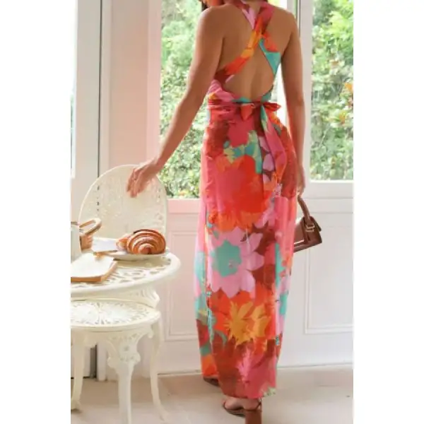 Split Crisscross Back Printed Plunge Maxi Dress