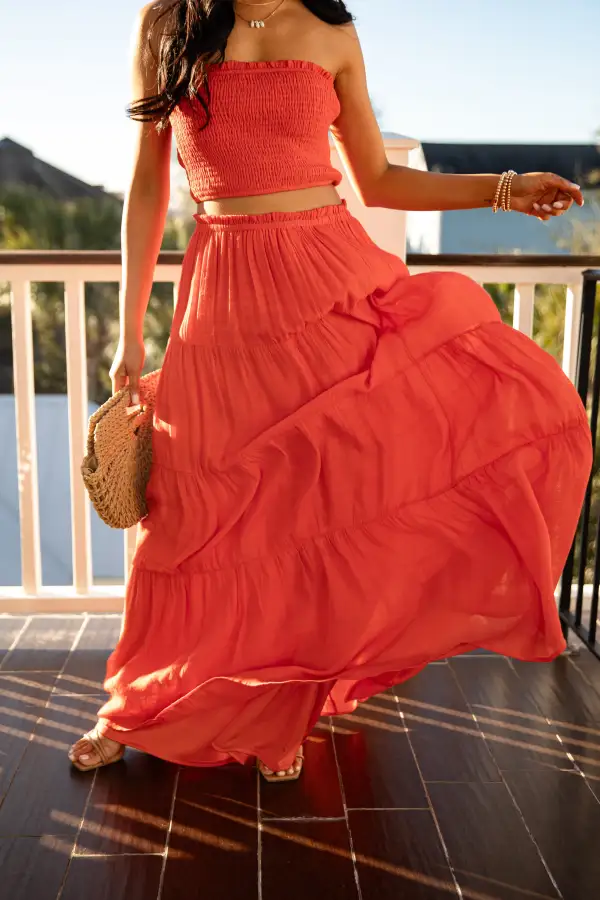 Utility Mid Rise Elastic Waist Smocked Maxi Skirt