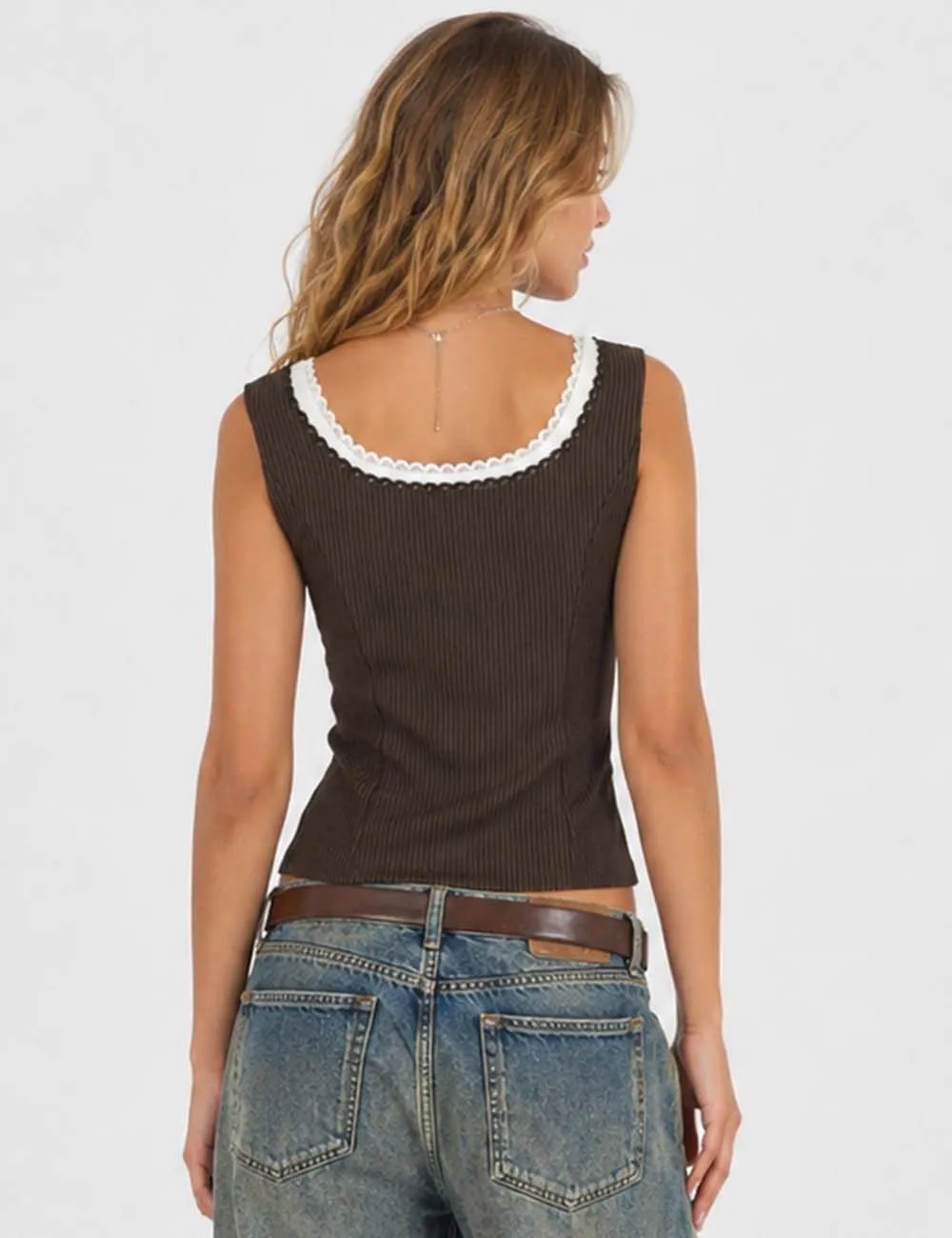 Chic Lace Trim Button Front Sleeveless Tank Top