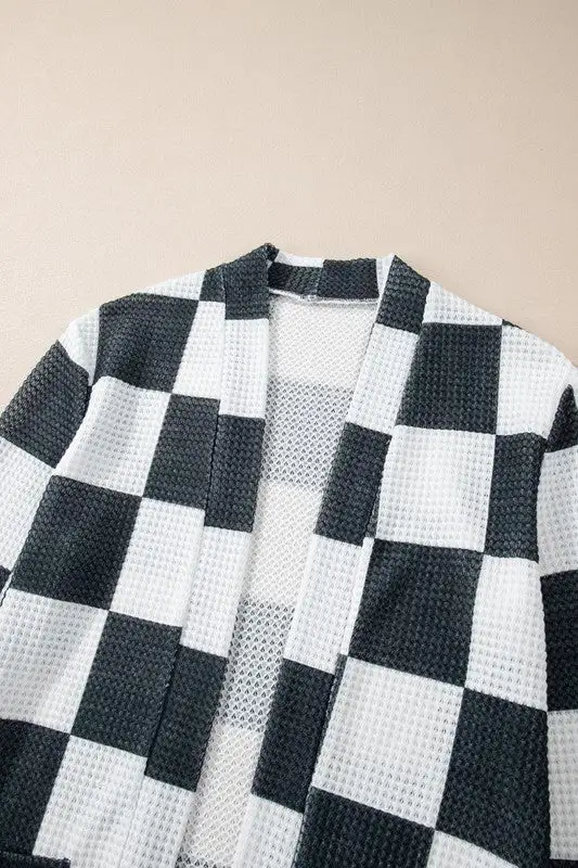 Checkered Waffle Knit Thumbhole Open Cardigan