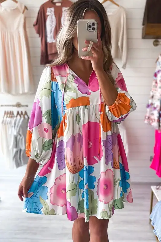 Women Floral Print Split Neck Babydoll Dress