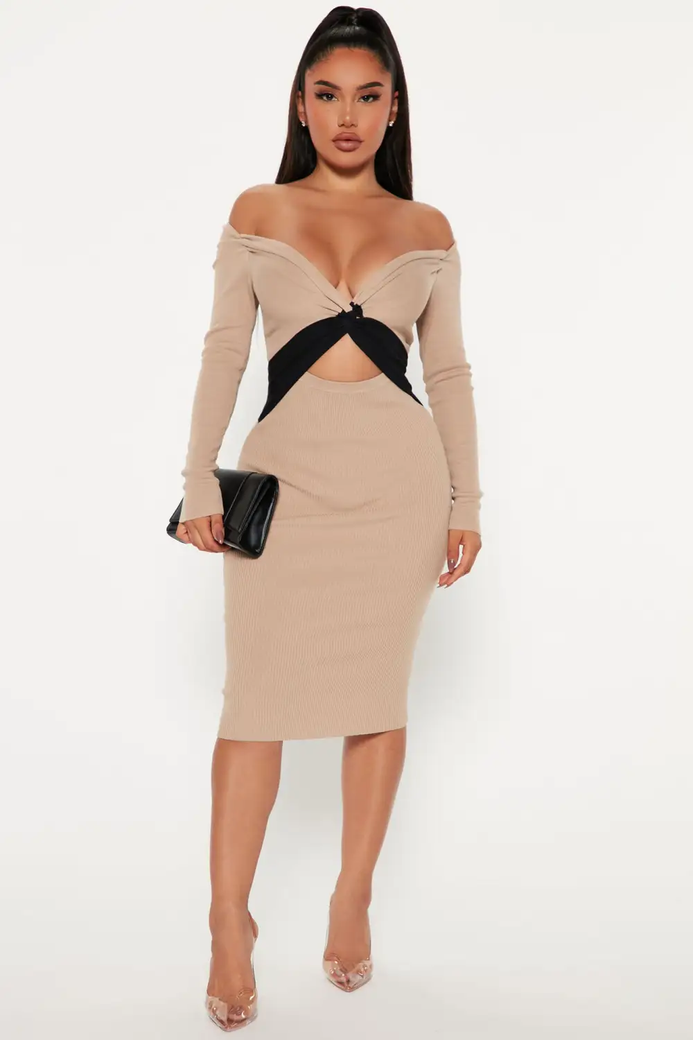 Think of U Sweater Midi Dress - Taupe/combo