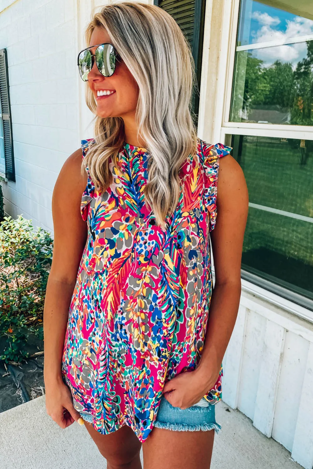 Floral Print Tank Top With Ruffles