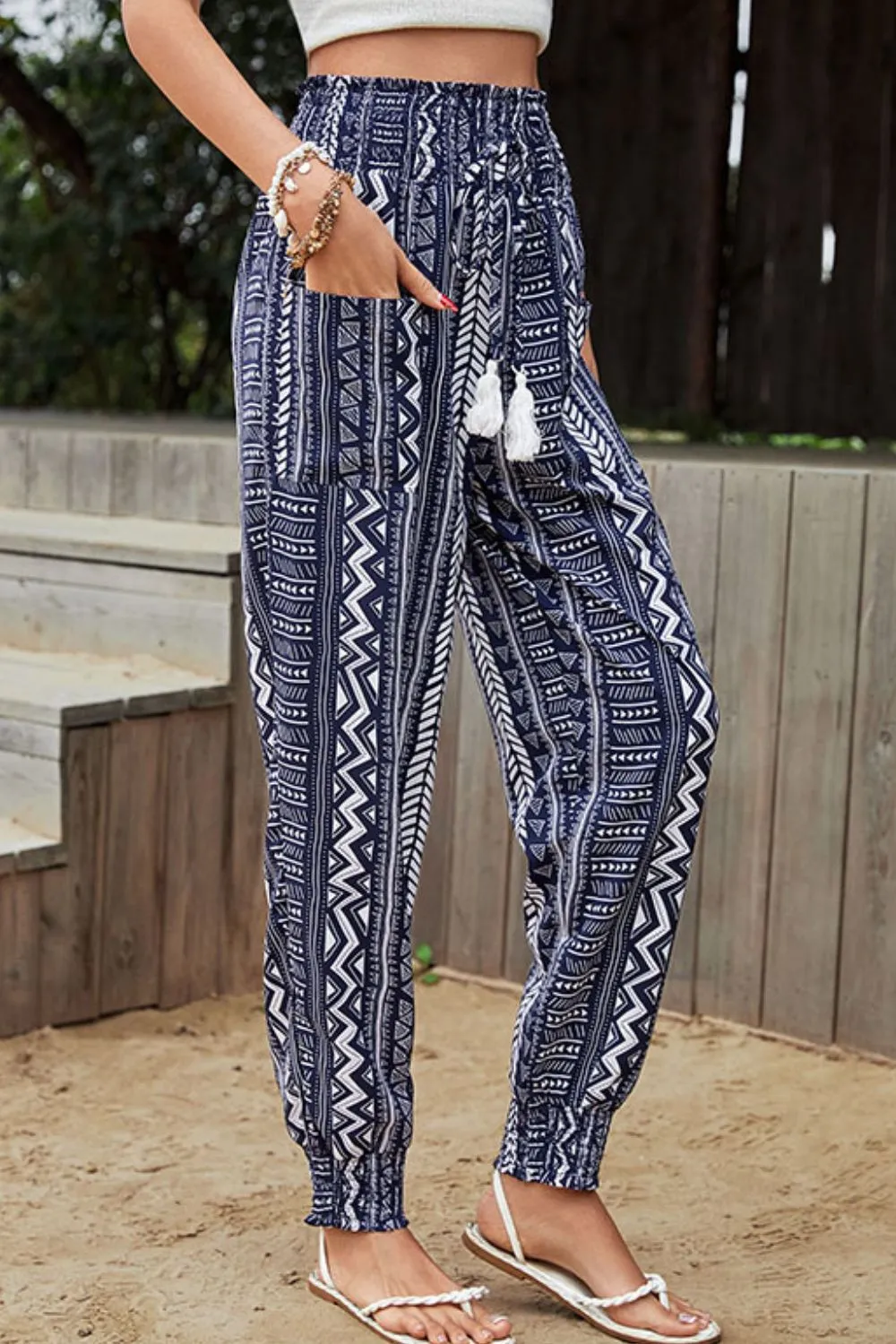 Geometric Print Tassel High Rise Pants