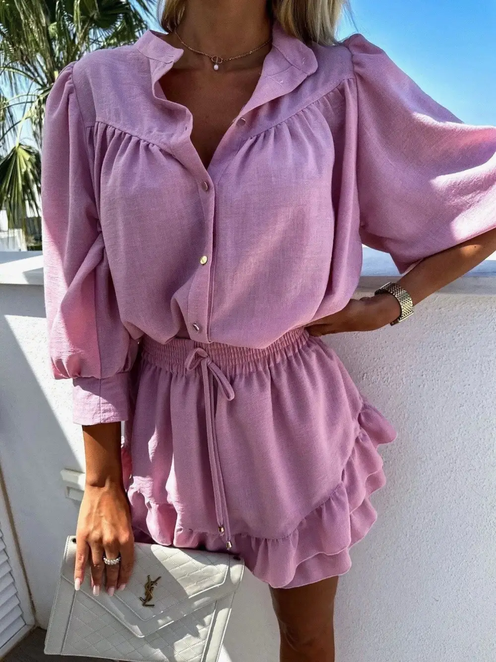Airy Button Front Ruffle Trim Coordinated Set
