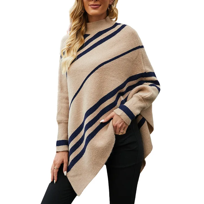 Casual Striped Knitted Round-Neck Shawl Sweater