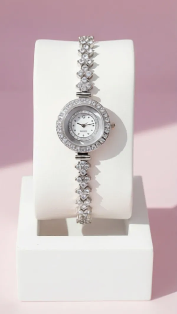 Round Face Crystal Bezel Link Quartz Watch