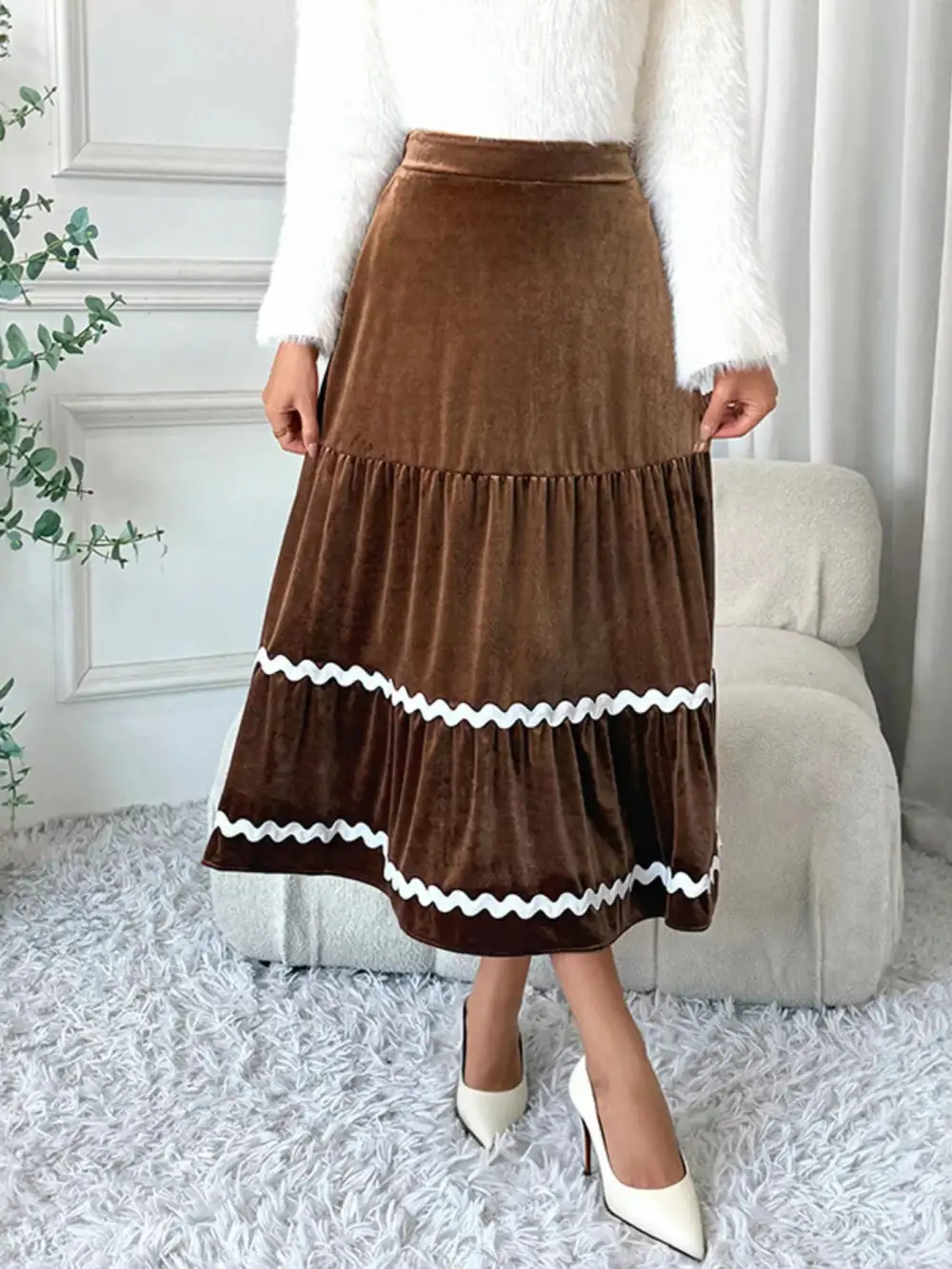 Tiered Velvet Midi Skirt