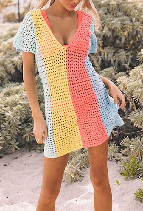 Colorblock Openwork Crochet One Piece Cover Up
