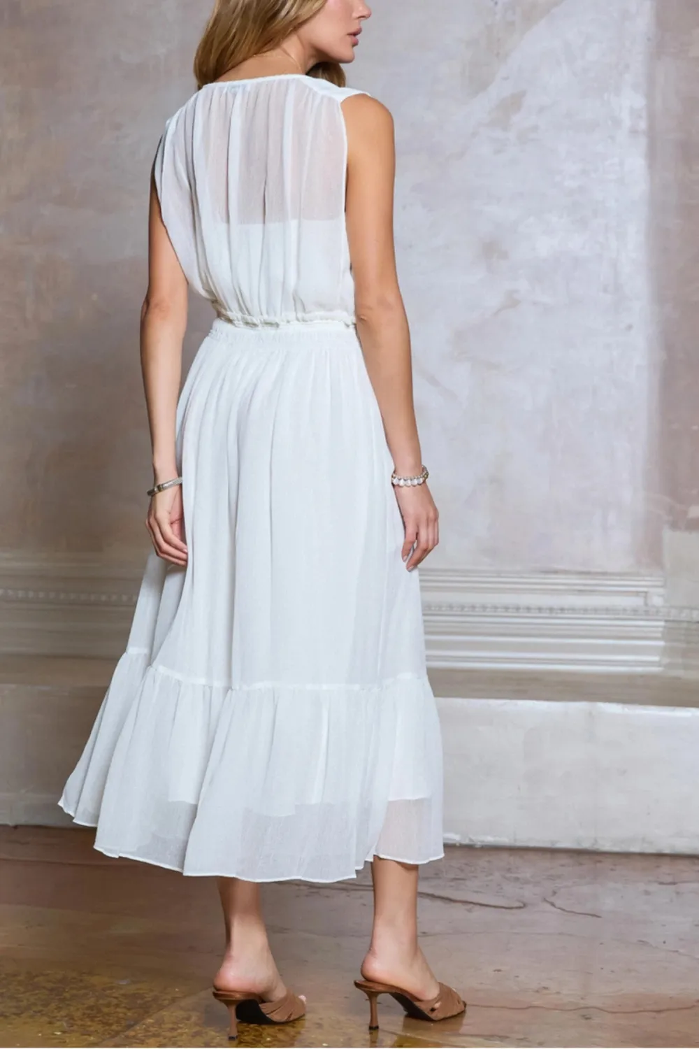 Sleeveless Sheer Gathered Gathered Midi Dress
