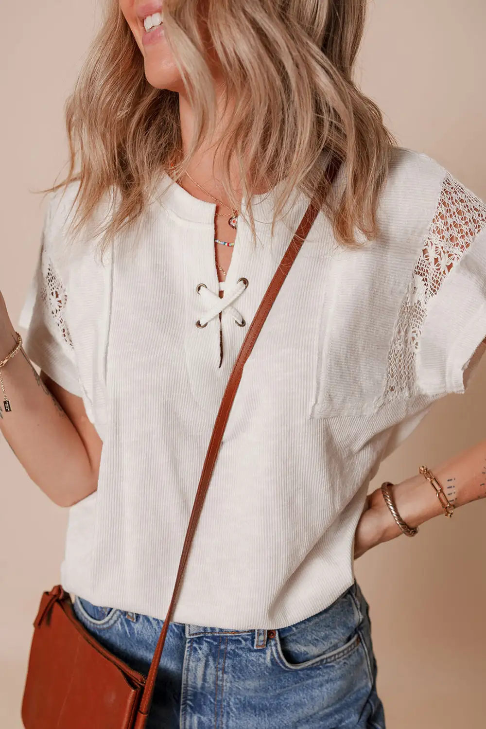 Ribbed Texture Lace Patchwork Tee