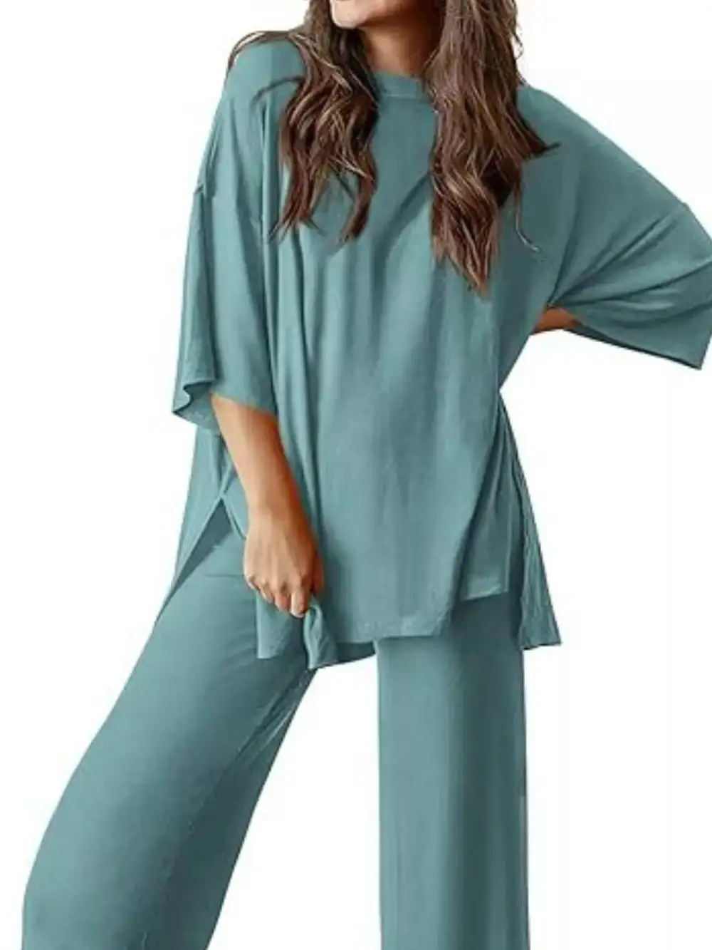 Relaxed Fit Round Neck Top and Pants Two Piece Set