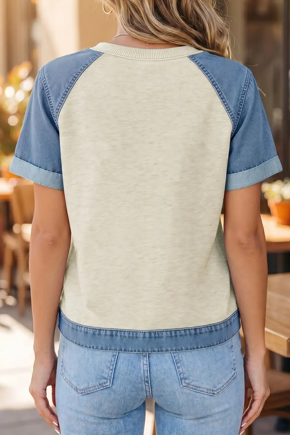 Denim Contrast Blocked Patchwork Round Neck Tee