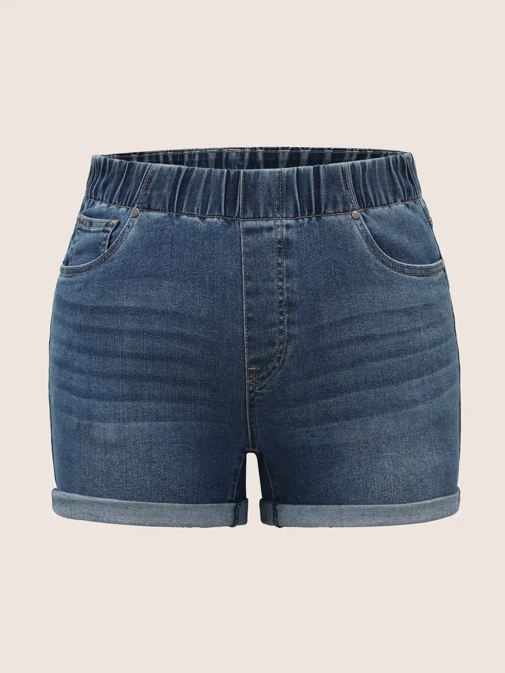 Dark Wash Elastic Waist Roll Hem Denim Shorts