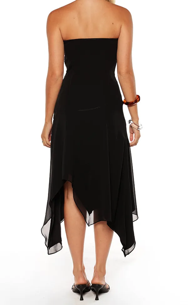 Strapless Hanky Hem Midi Dress