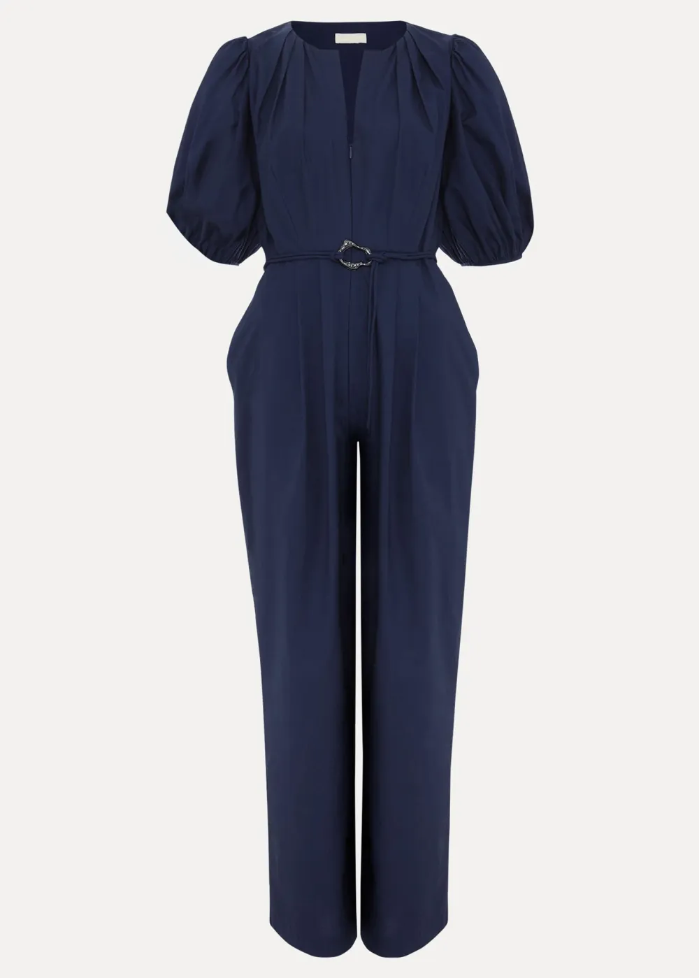 Casual And Versatile Navy Blue Puff Sleeve Women's Jumpsuit