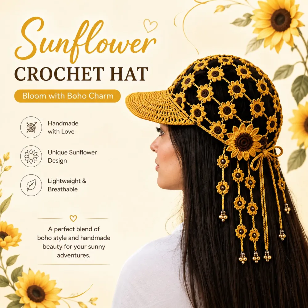 Hand‑Crocheted Sunflower Hollow Baseball Cap Bohemian Tassel Bell Hat