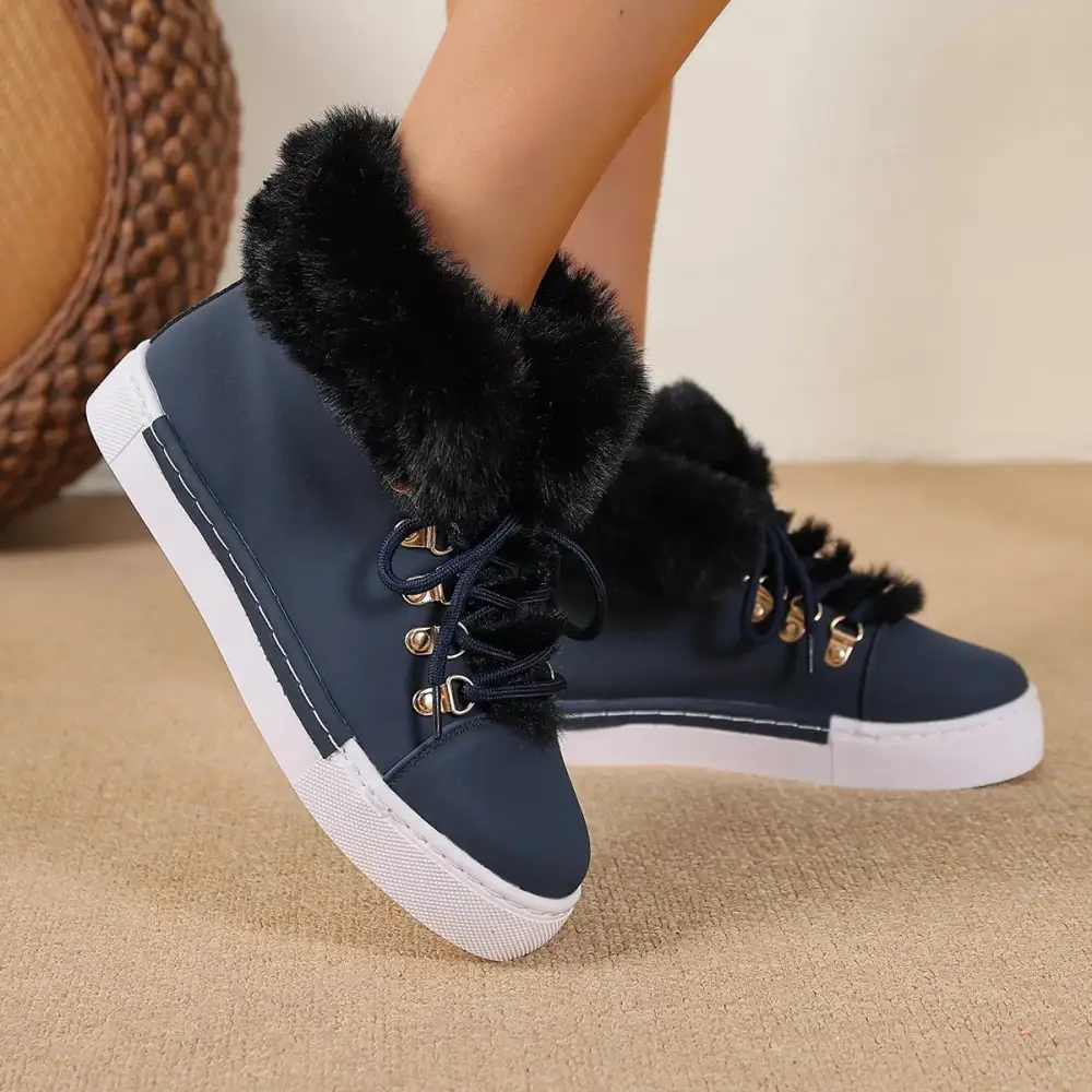 Fuzzy Trim Lace-Up Ankle Boots