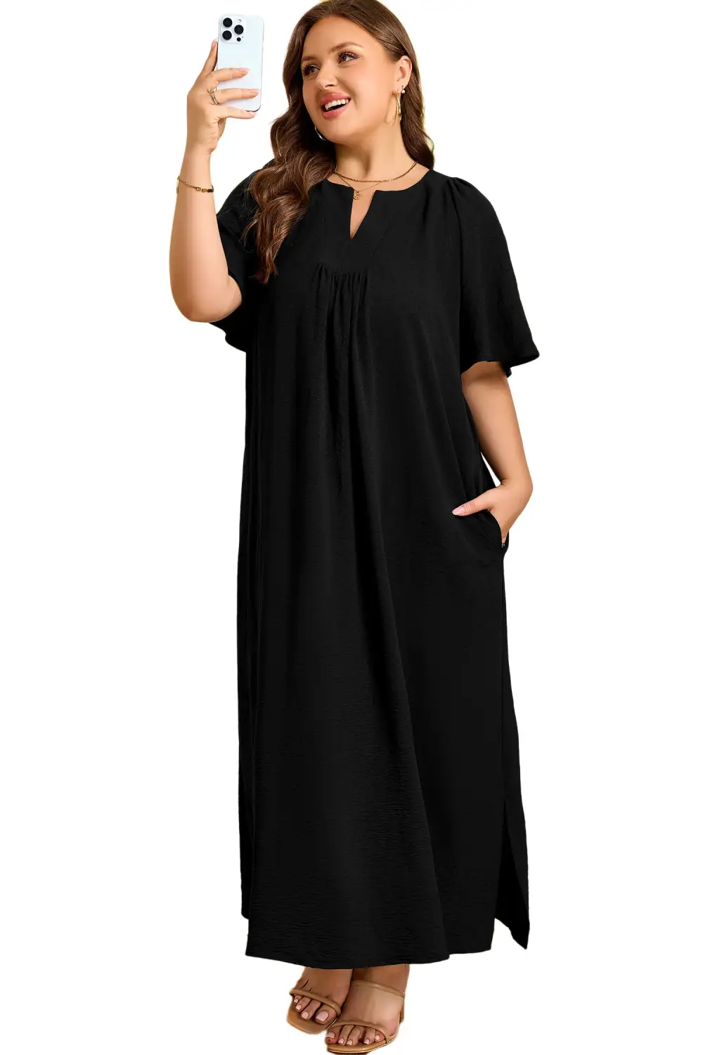 Split Neck Short Sleeve Dress Casual