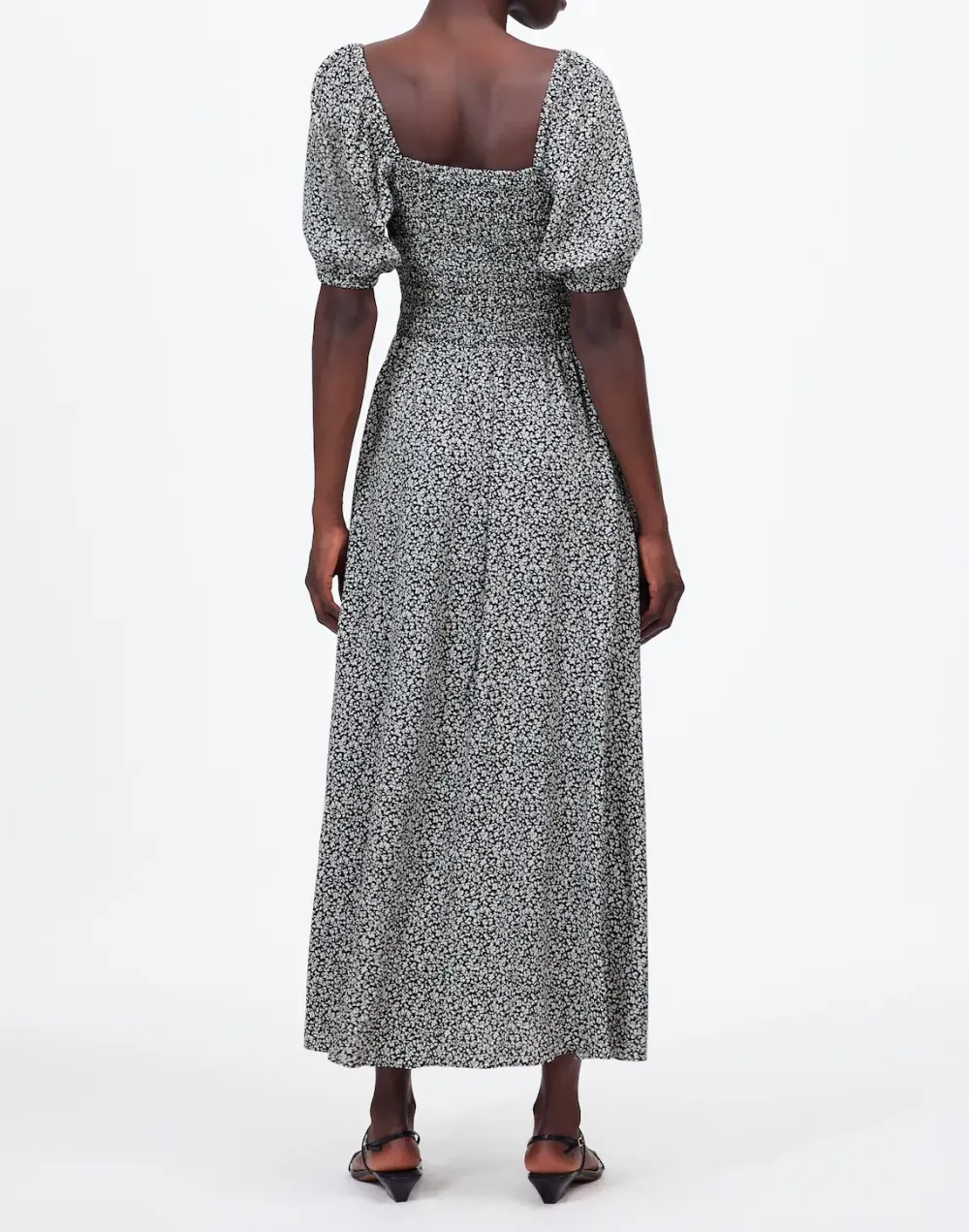 Smocked Puff-Sleeve Maxi Dress in Floral